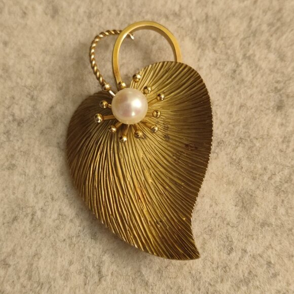 Vintage Signed Krementz 14k Gold Overlay Lg Leaf Pearl Brooch - Picture 2 of 4